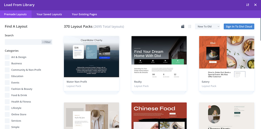 Divi bestaande layout kiezen.