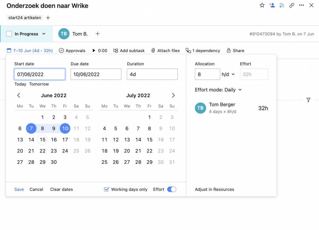 Uren begroten per project met Wrike