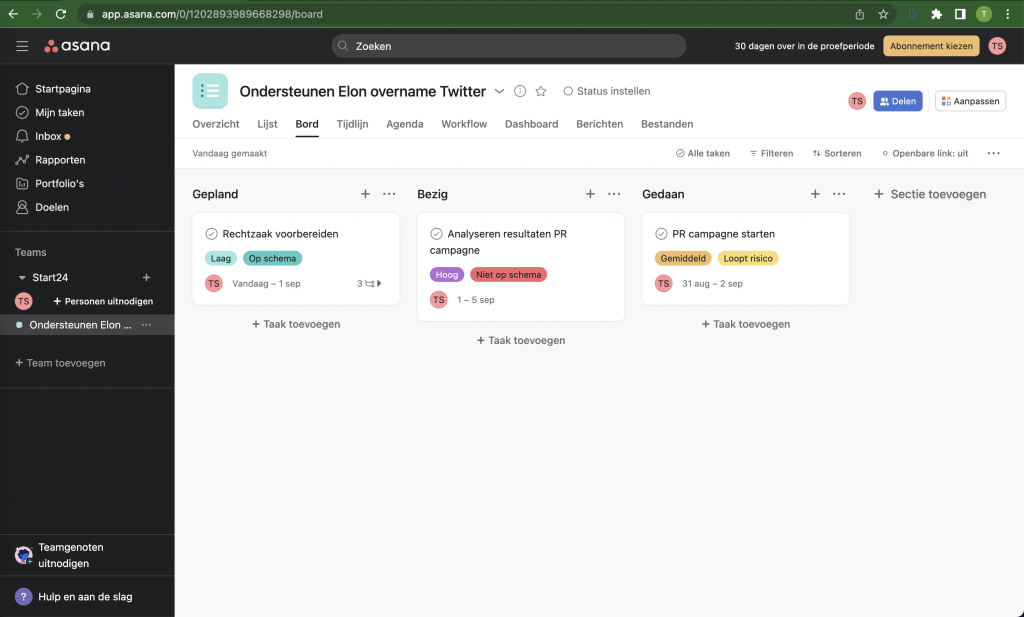 Kanban view in Asana