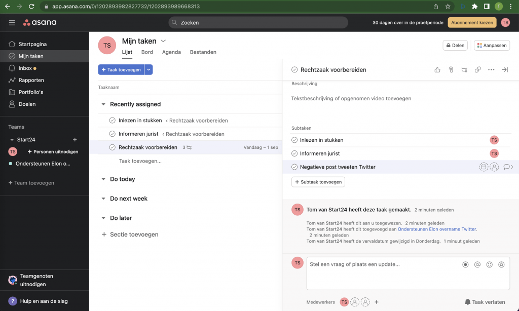 Subtaken in Asana helpen je gemakkelijk het taakniveau te kiezen
