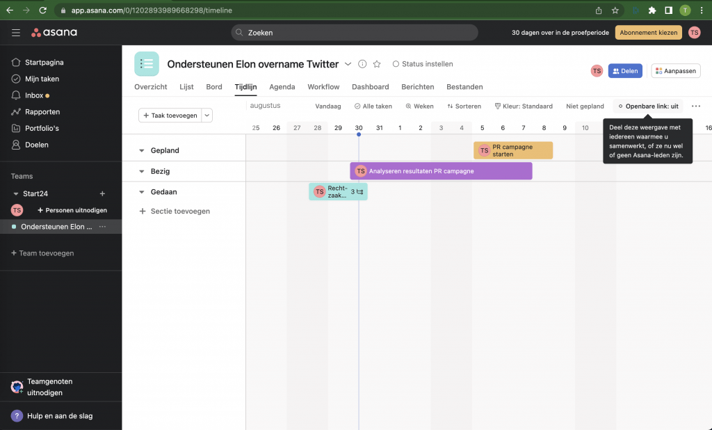 Gantt chart of Timeline view in Asana