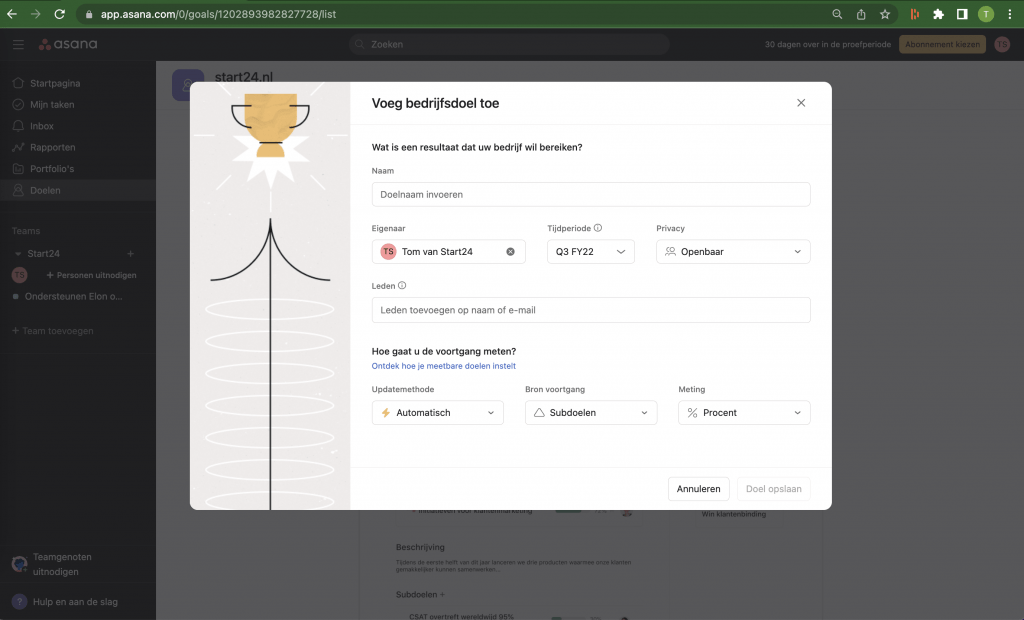 Doelen helpen je slim op weg als bedrijf in Asana