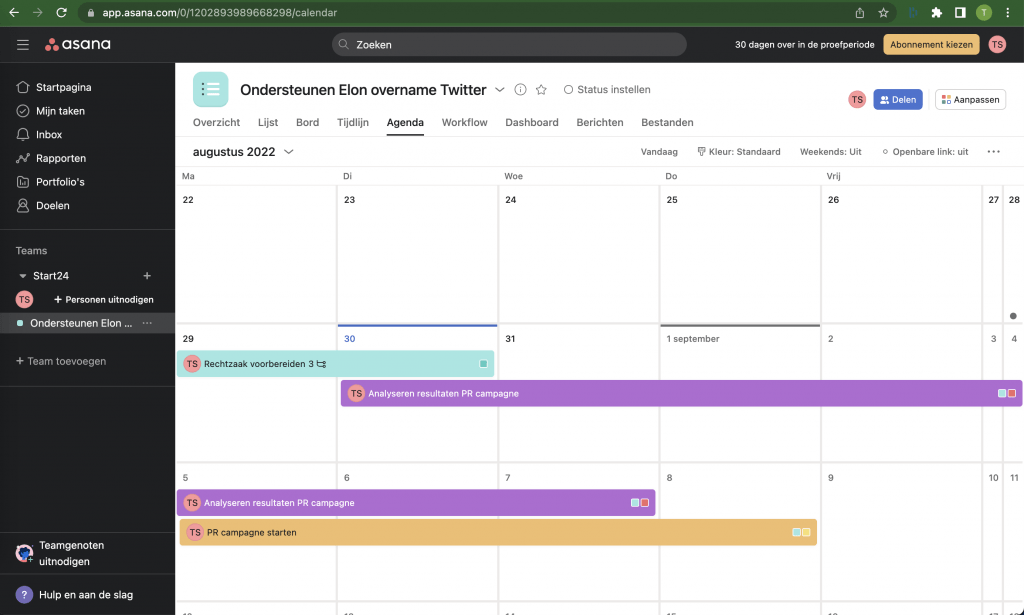 Kalender view in Asana