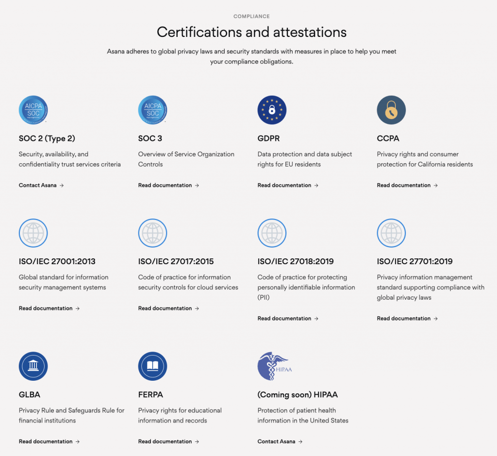 Asana heeft veel certificeringen