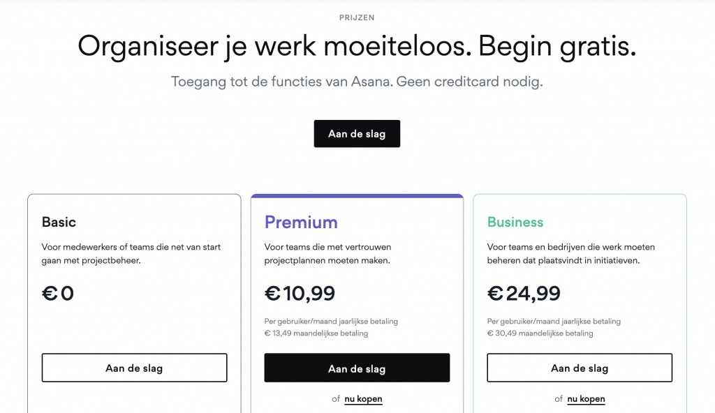 Pricing en tarieven Asana