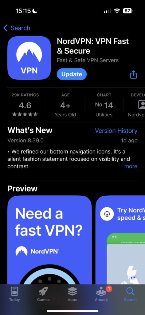 NordVPN op de Apple app store.