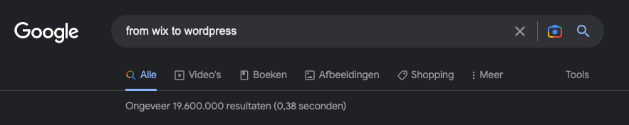 "From Wix to WordPress" Google zoekresultaten