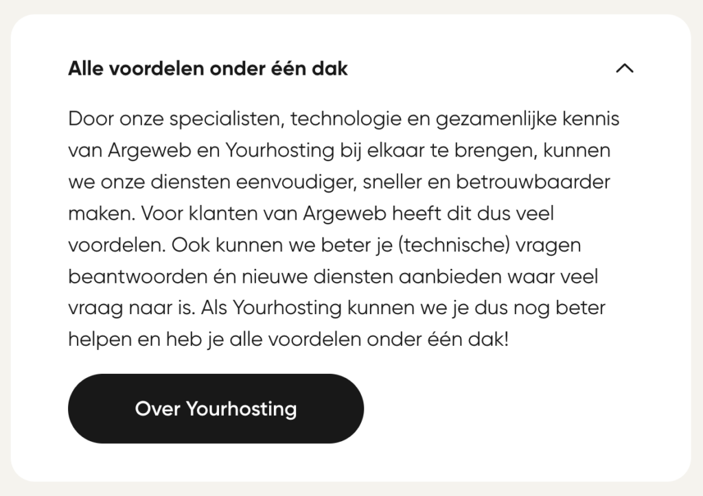Uitleg dat Argeweb en Yourhosting opereren als een enkel bedrijf, afkomstig van Yourhosting.