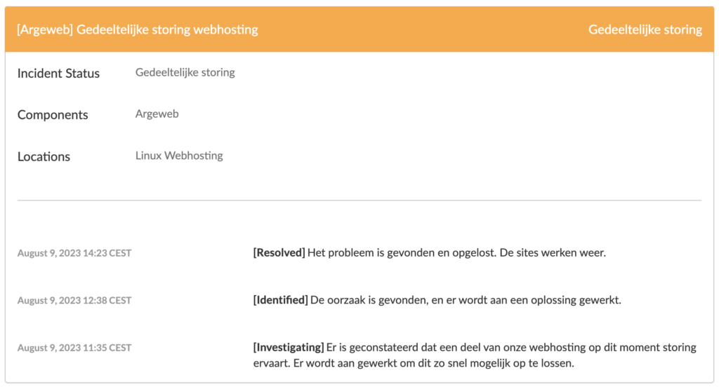 Argeweb melding van gedeeltelijke storing