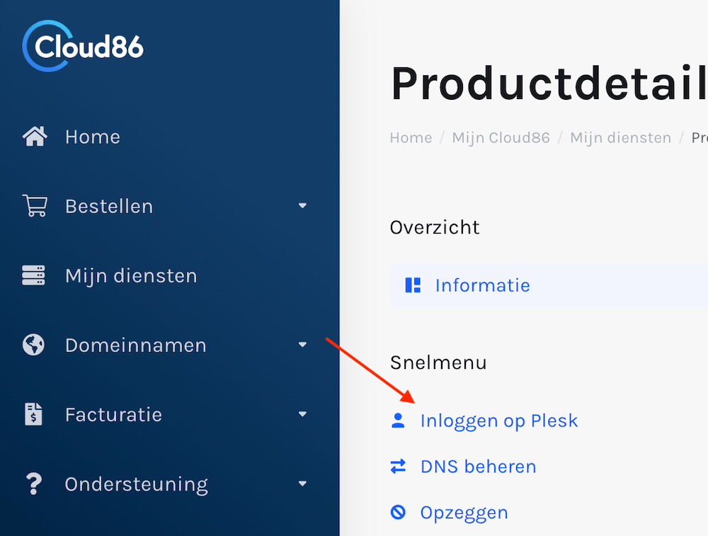 Inloggen op Plesk via Cloud86.