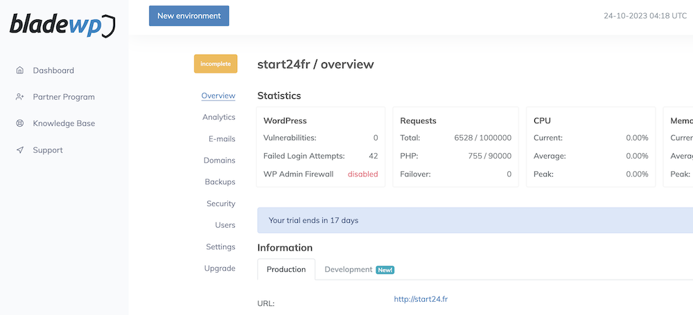 BladeWP dashboard