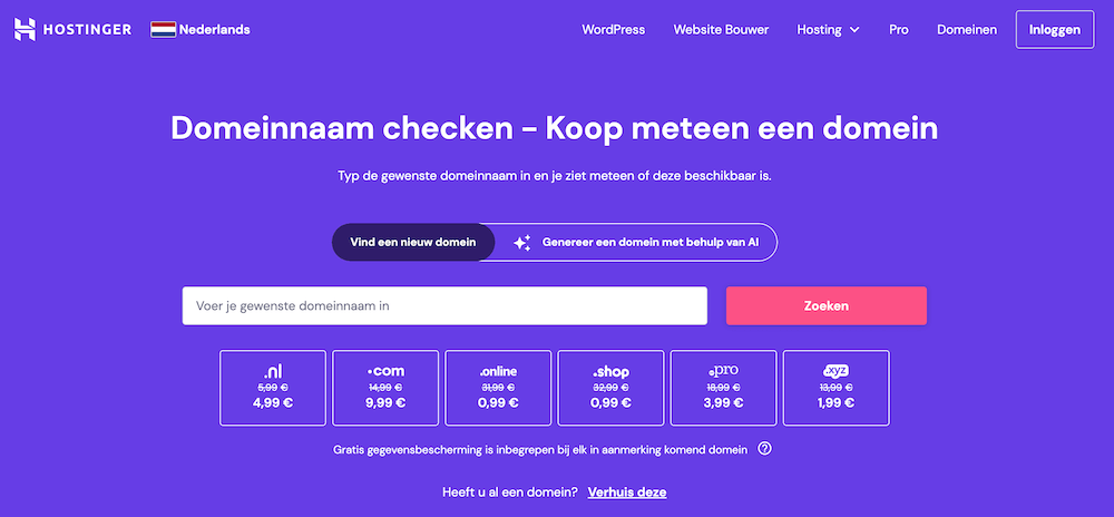 Domeinnaam registreren bij Hostinger. 