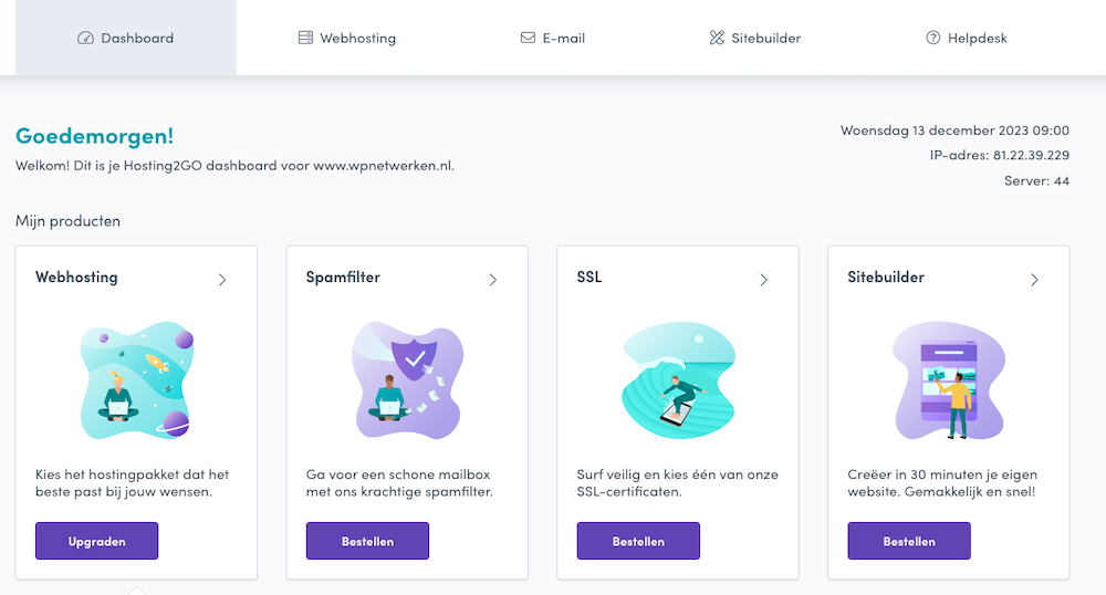 Dashboard Hosting2GO.