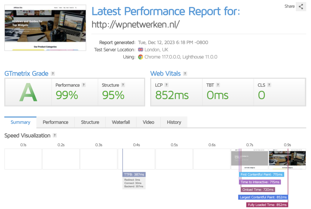 GTMetrix snelheidstest Hosting2GO.