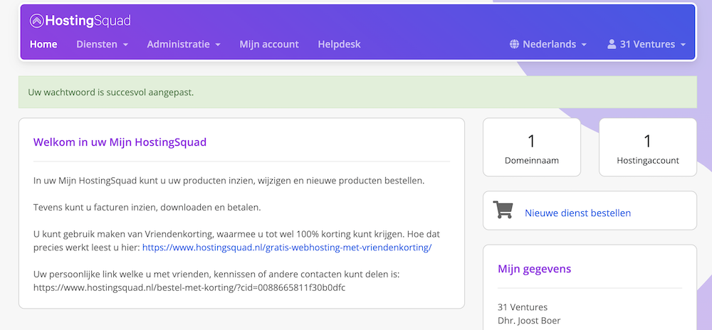 HostingSquad dashboard.