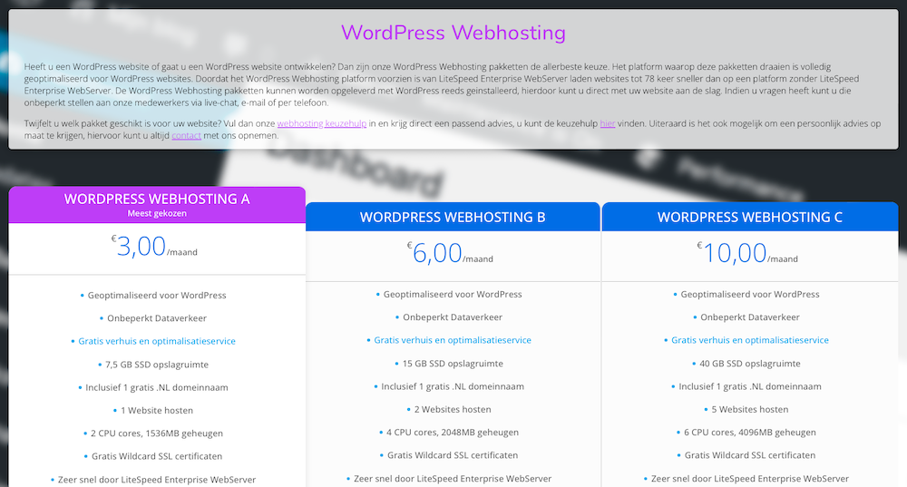 HostingSquad WordPress hosting pakketten. 