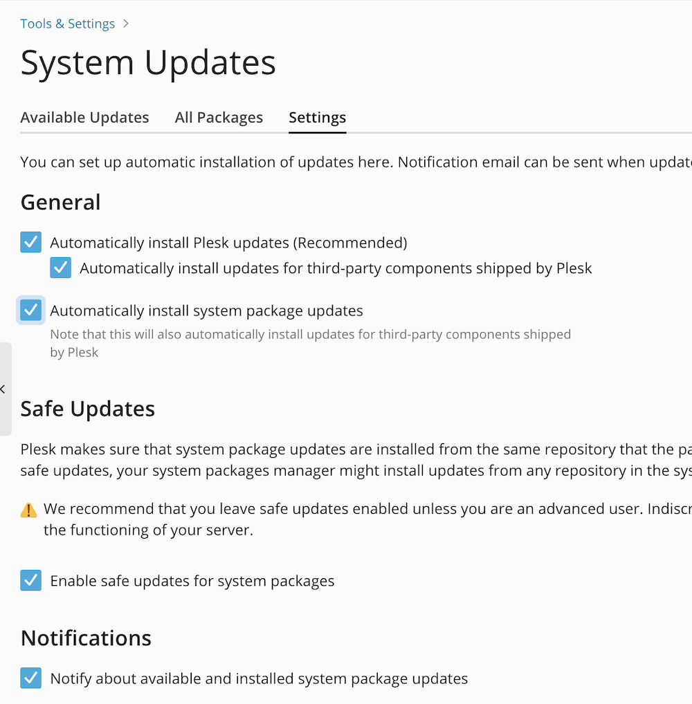 Plesk updates aanzetten. 