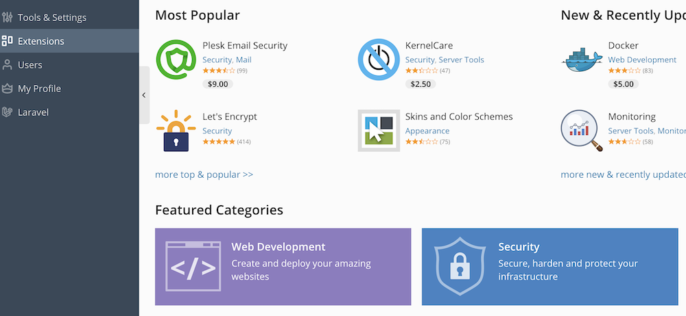 VPS extensions kiezen via Plesk. 