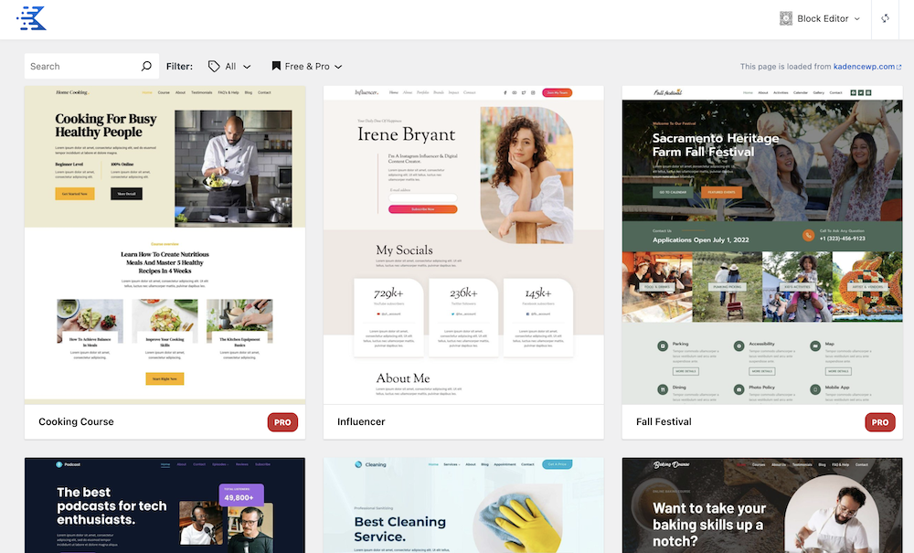 Kadence Starter Template kiezen in WordPress dashboard.