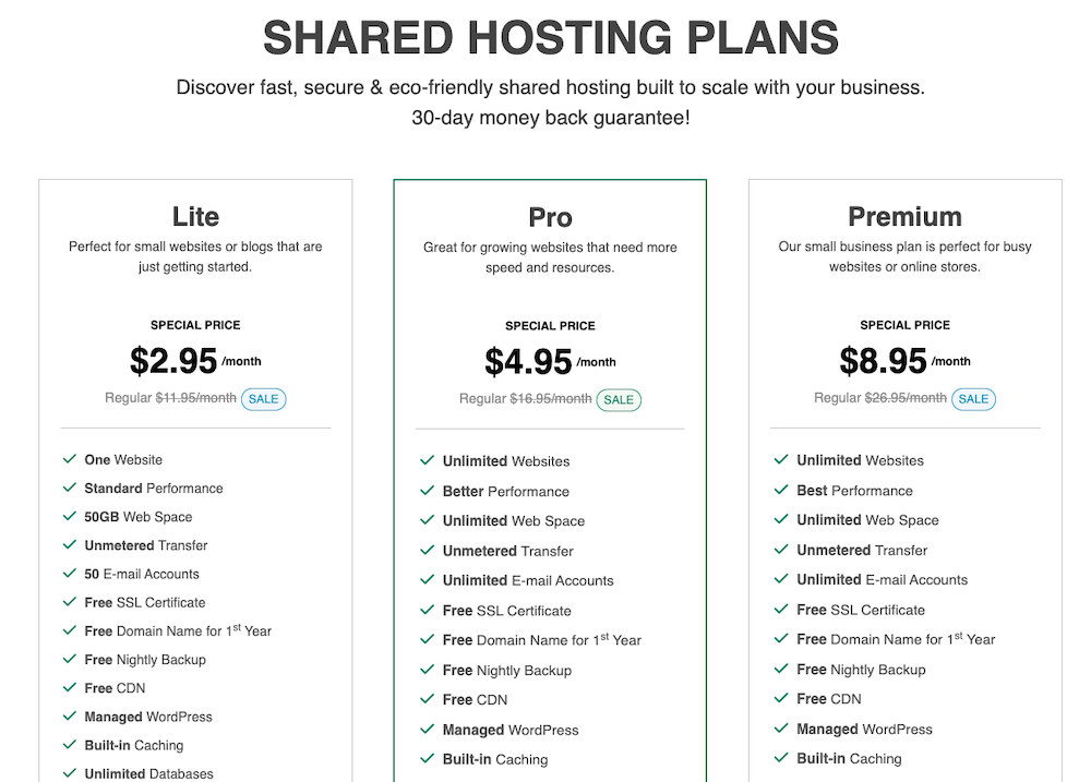 GreenGeeks hosting pakketten. 