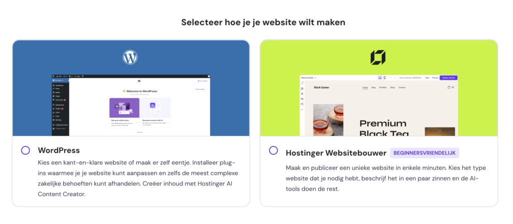 Keuze tussen WordPress en website bouwer bij Hostinger. 