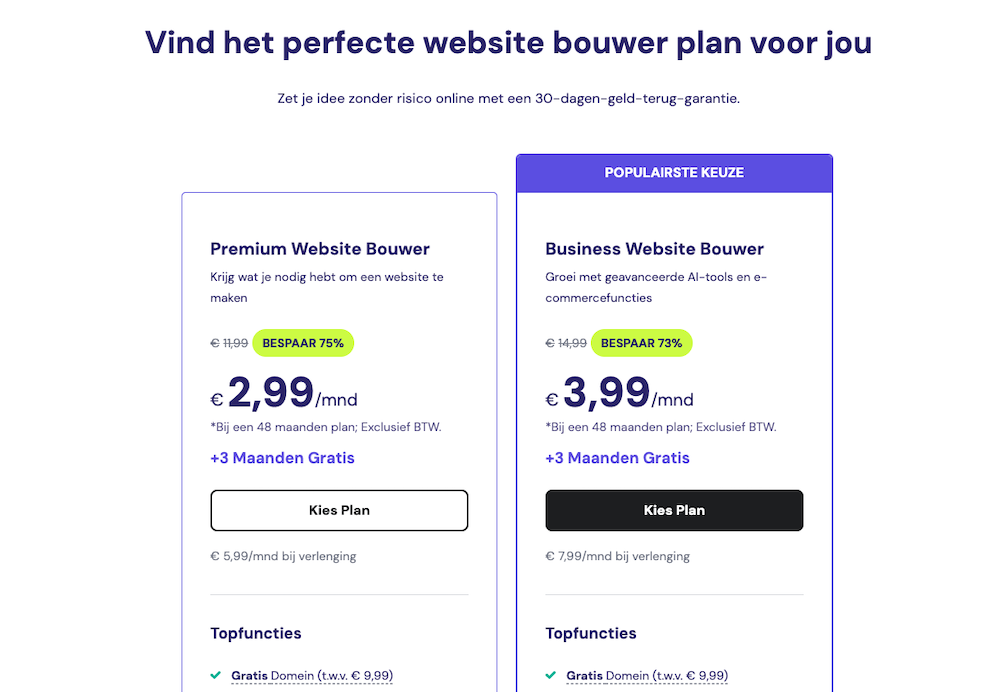 Hostinger Website Bouwer pakketten. 