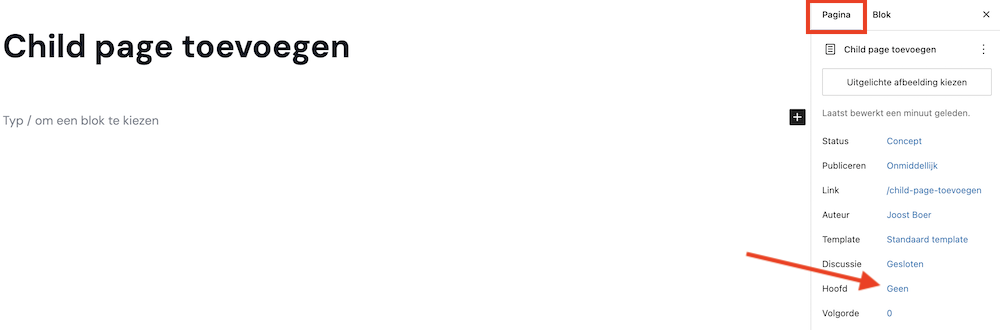 Child page toevoegen in WordPress