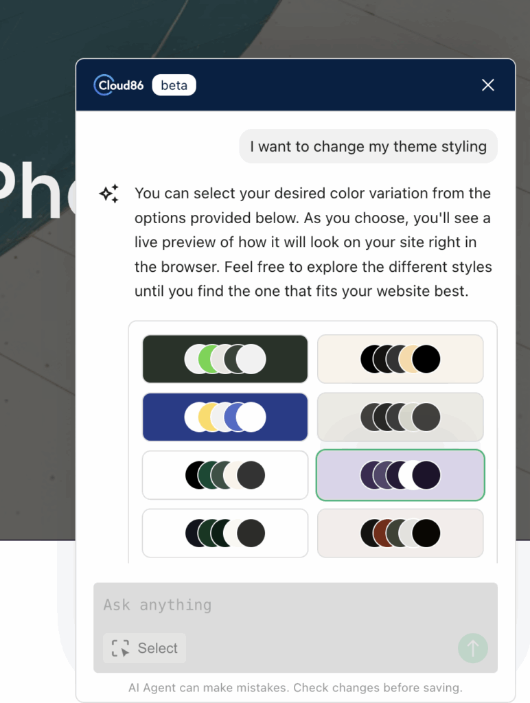 Cloud86 AI WordPress website kleurenpalet aanpassen. 